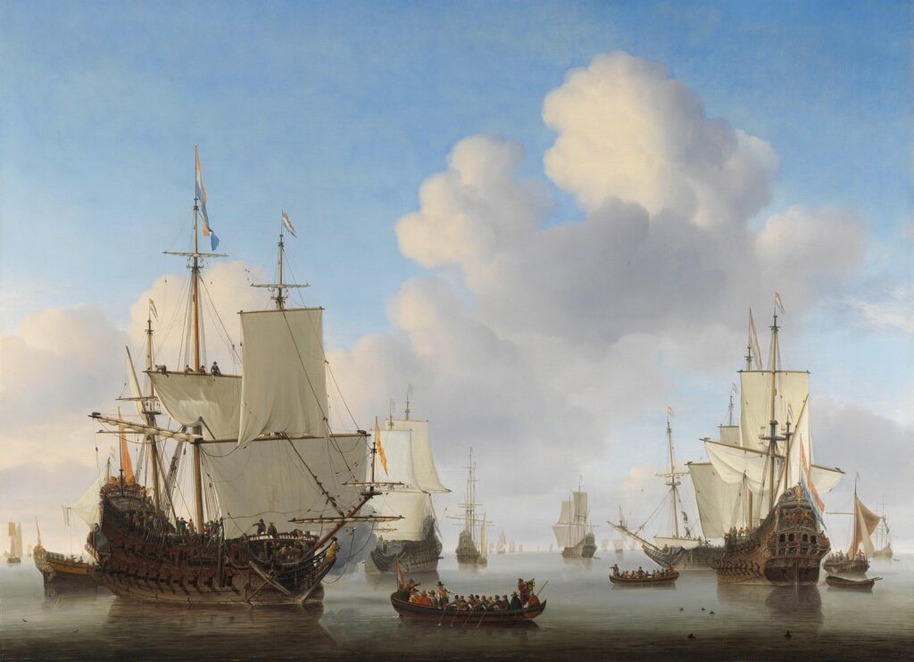 Historical painting of Dutch merchant ships carrying coffee
